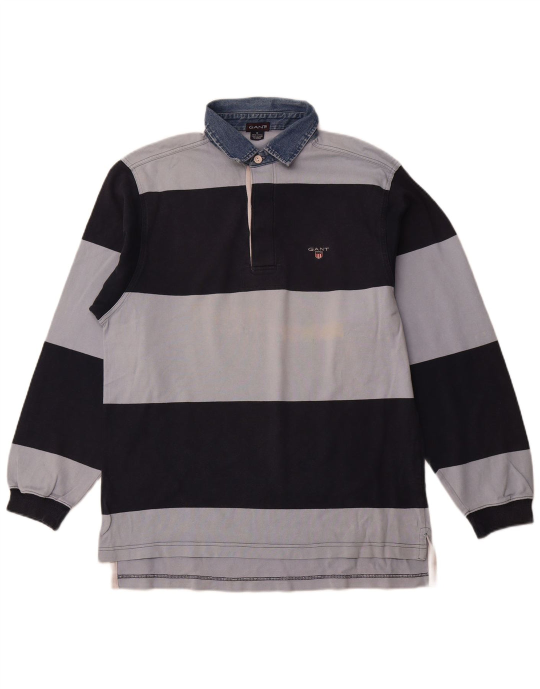 GANT Mens Long Sleeve Rugby Polo Shirt Medium Navy Blue Striped Cotton