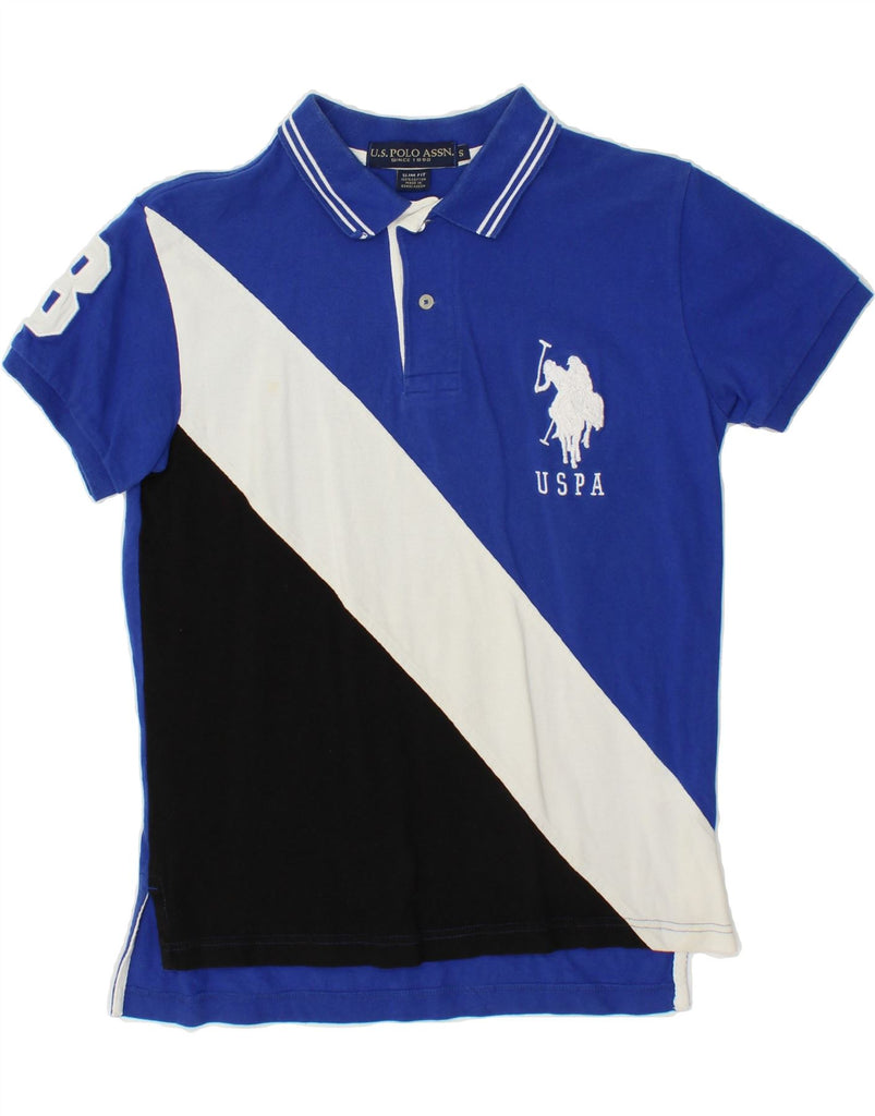 US POLO ASSN Mens Slim Fit Graphic Rugby Polo Shirt Small Blue Colourblock Vintage US Polo Assn and Second-Hand US Polo Assn from Messina Hembry 