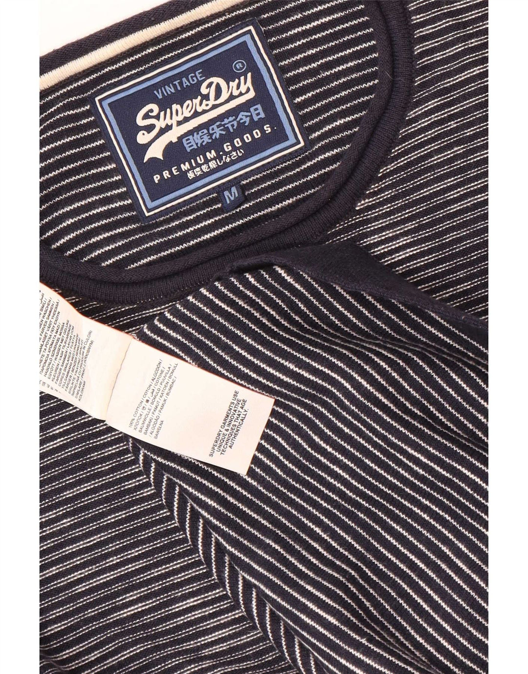 Superdry Mens Crew Neck Jumper Sweater Medium Navy Blue Pinstripe Cotton