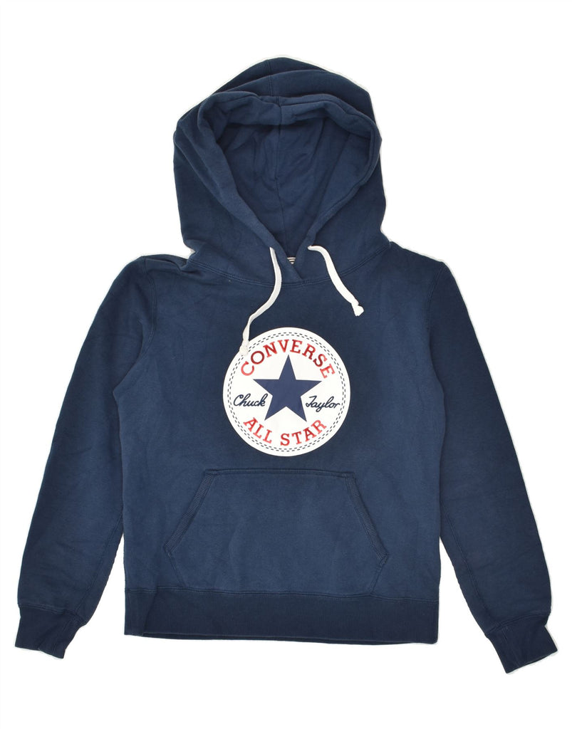 CONVERSE Womens Graphic Hoodie Jumper UK 14 Medium Navy Blue Cotton | Vintage Converse | Thrift | Second-Hand Converse | Used Clothing | Messina Hembry 