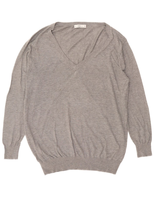 Zara Womens Oversized V-Neck Jumper Sweater UK 14 Medium Grey