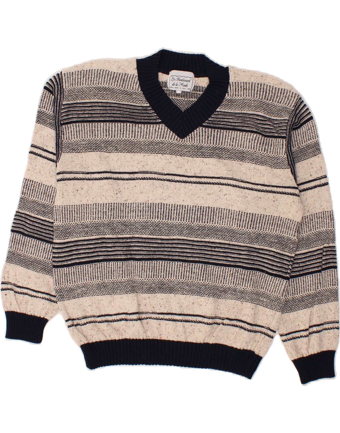 VINTAGE Womens V-Neck Jumper Sweater UK 16 Large Beige Striped