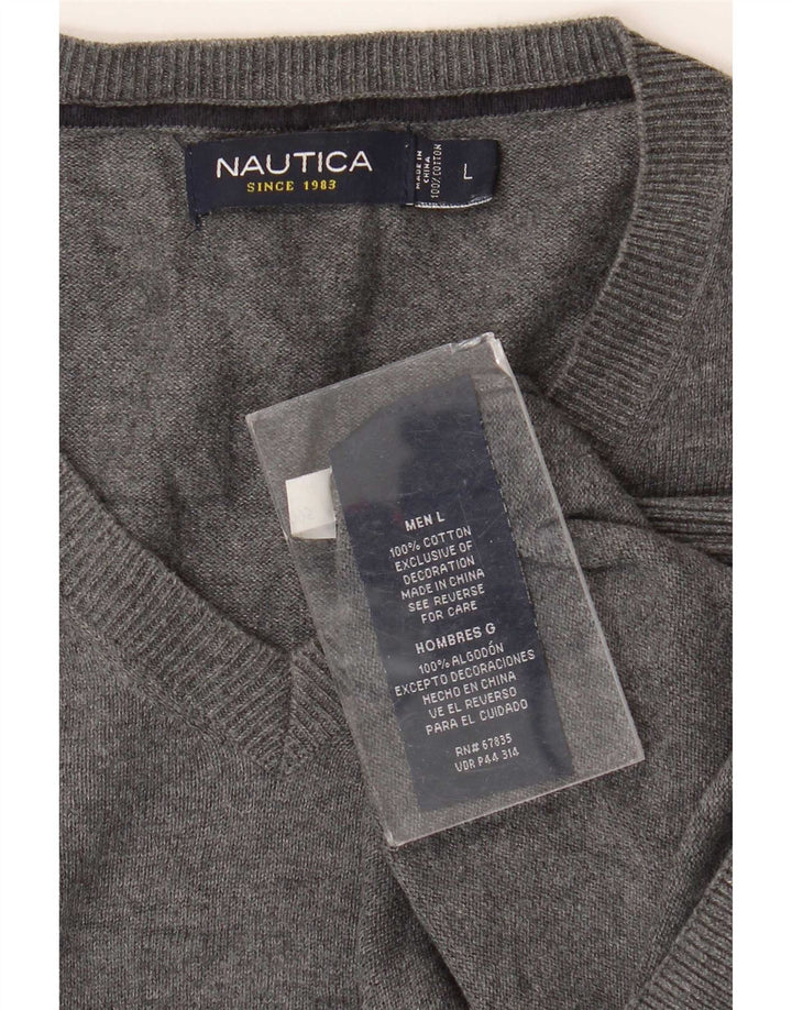 Nautica Mens V-Neck Jumper Sweater Large Grey Cotton