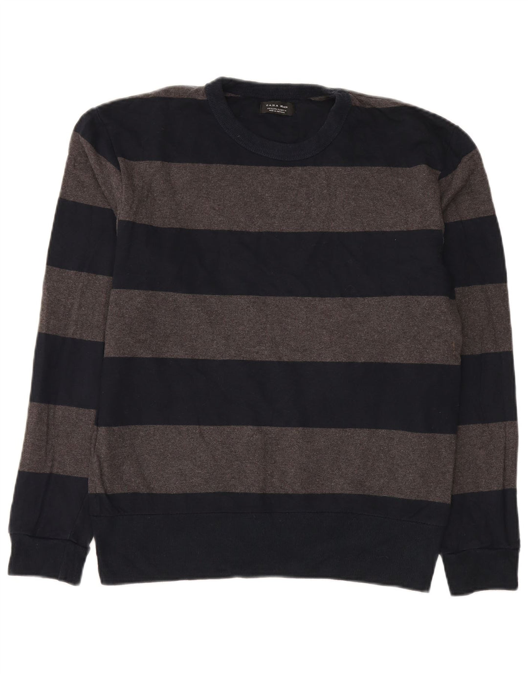 Zara Mens Crew Neck Jumper Sweater XL Navy Blue Striped Cotton