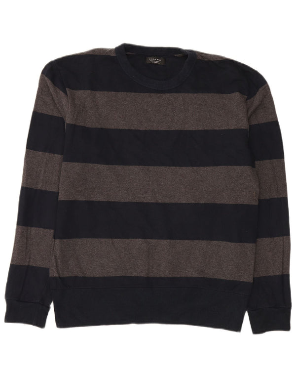 Zara Mens Crew Neck Jumper Sweater XL Navy Blue Striped Cotton