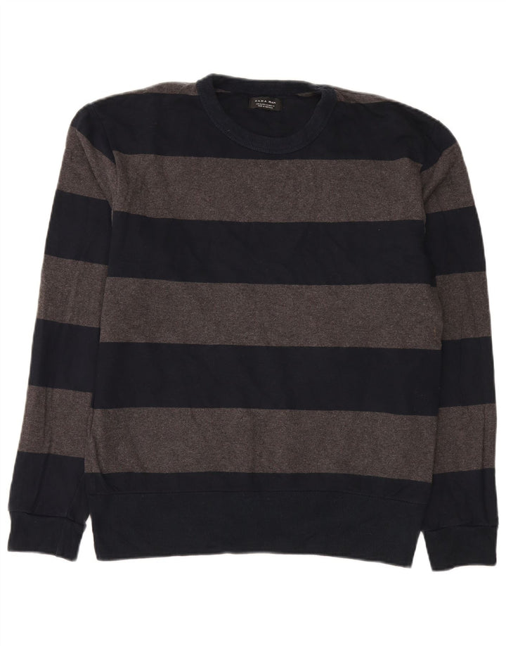 Zara Mens Crew Neck Jumper Sweater XL Navy Blue Striped Cotton