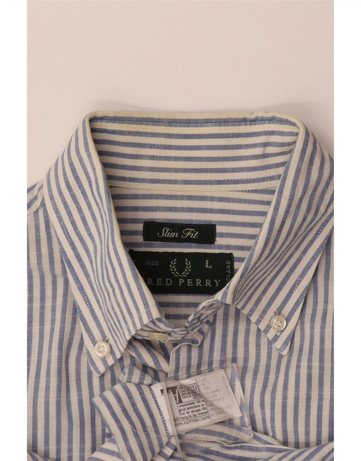 Fred Perry Mens Slim Fit Shirt Large Blue Striped Cotton