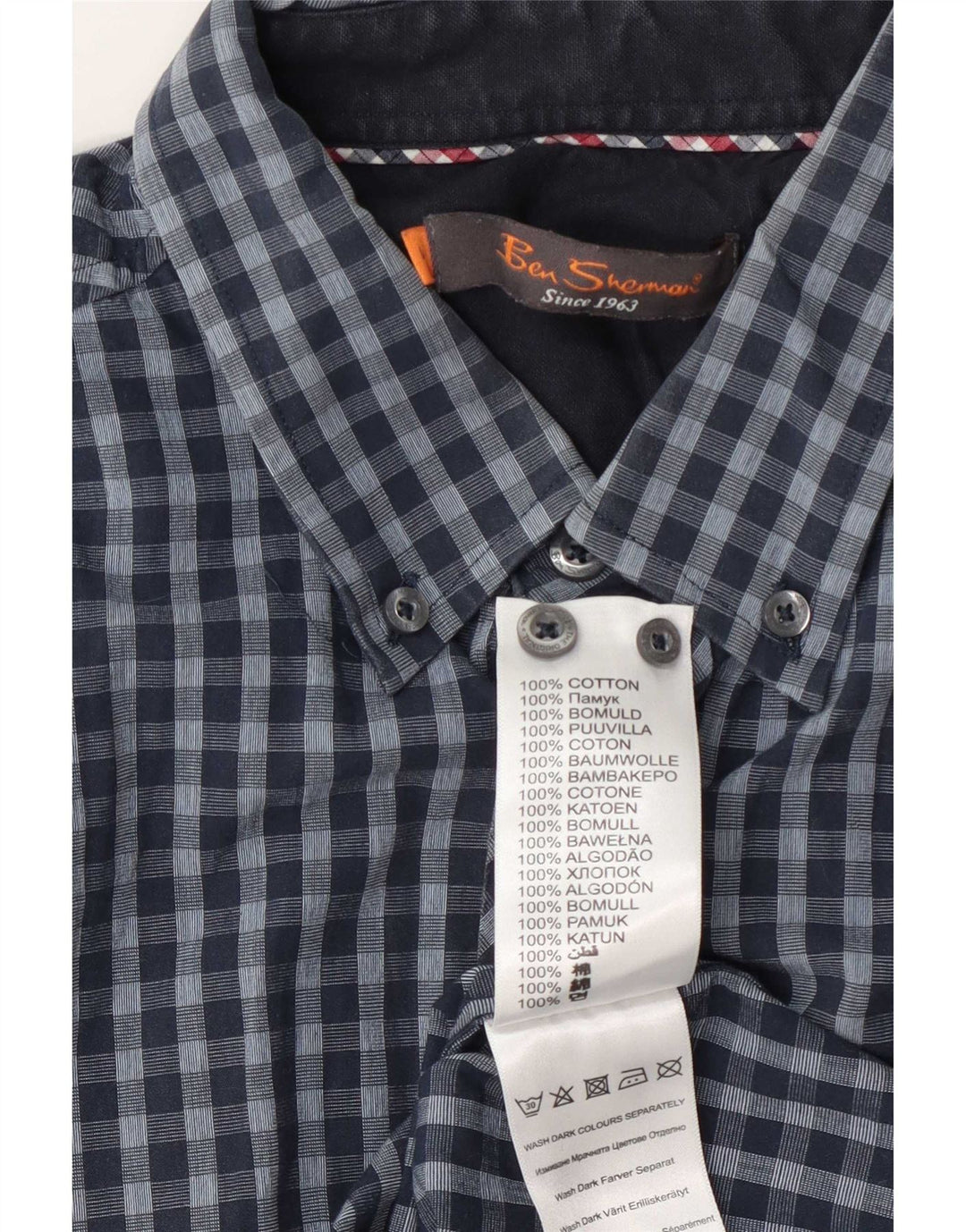 Ben Sherman Mens Shirt Large Navy Blue Gingham Cotton