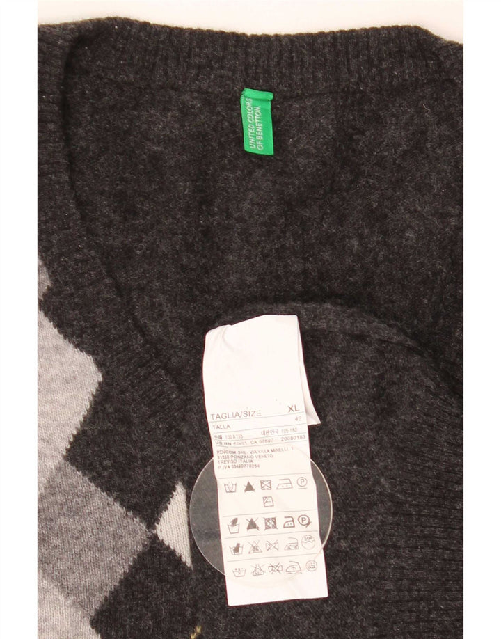 Benetton Mens V-Neck Jumper Sweater XL Grey Argyle/Diamond Wool