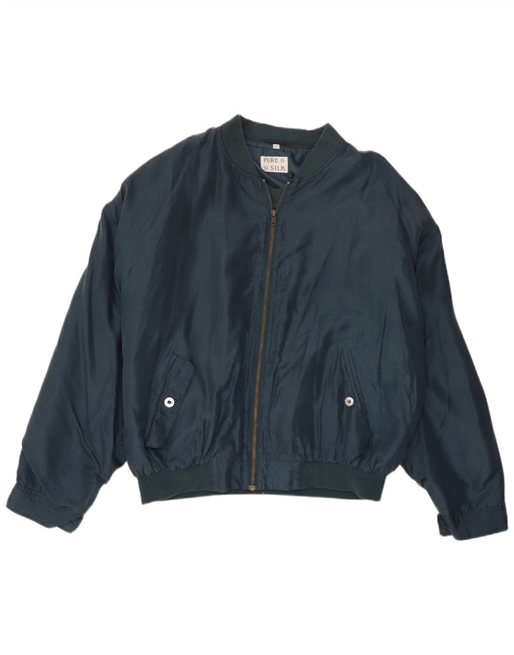 Vintage Mens Bomber Jacket UK 40 Large Navy Blue Silk