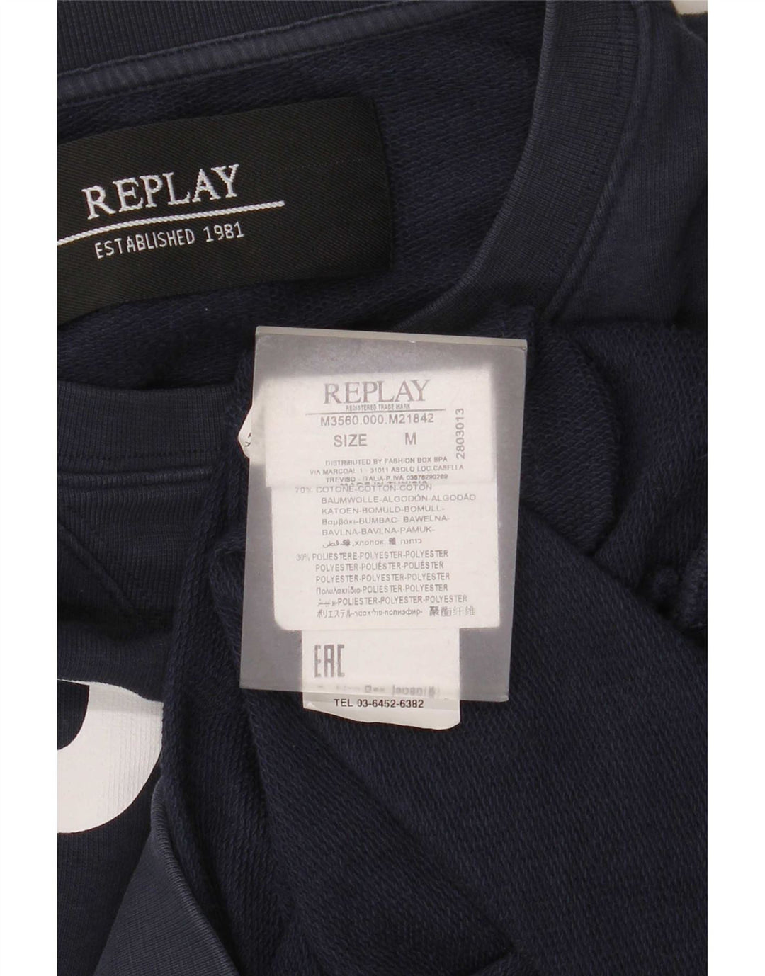 Replay Mens Graphic Sweatshirt Jumper Medium Navy Blue Cotton