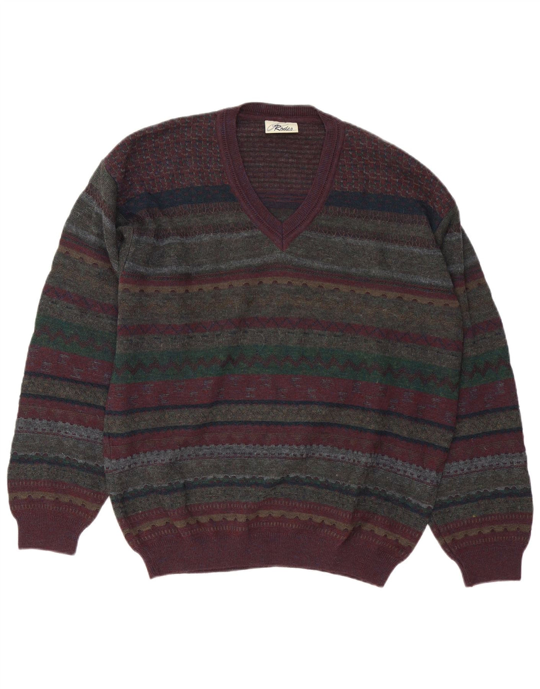 Rodes Mens V-Neck Jumper Sweater Large Multicoloured Fair Isle Virgin Wool