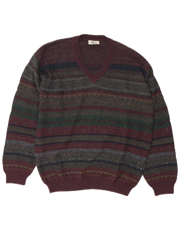 Rodes Mens V-Neck Jumper Sweater Large Multicoloured Fair Isle Virgin Wool