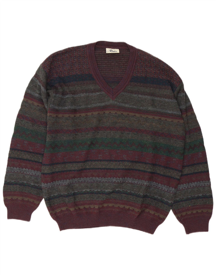 Rodes Mens V-Neck Jumper Sweater Large Multicoloured Fair Isle Virgin Wool