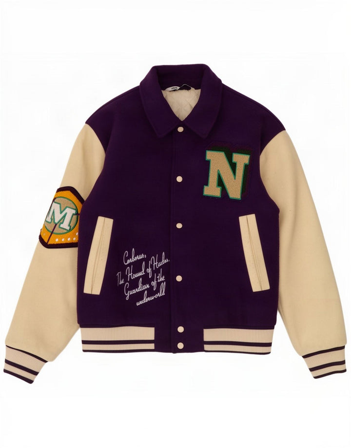 Zara Mens Graphic Varsity Jacket UK 38 Medium Purple Colourblock Polyester