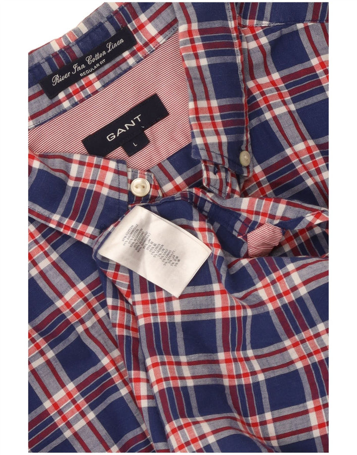 Gant Mens Regular Fit Short Sleeve Shirt Large Navy Blue Check Cotton