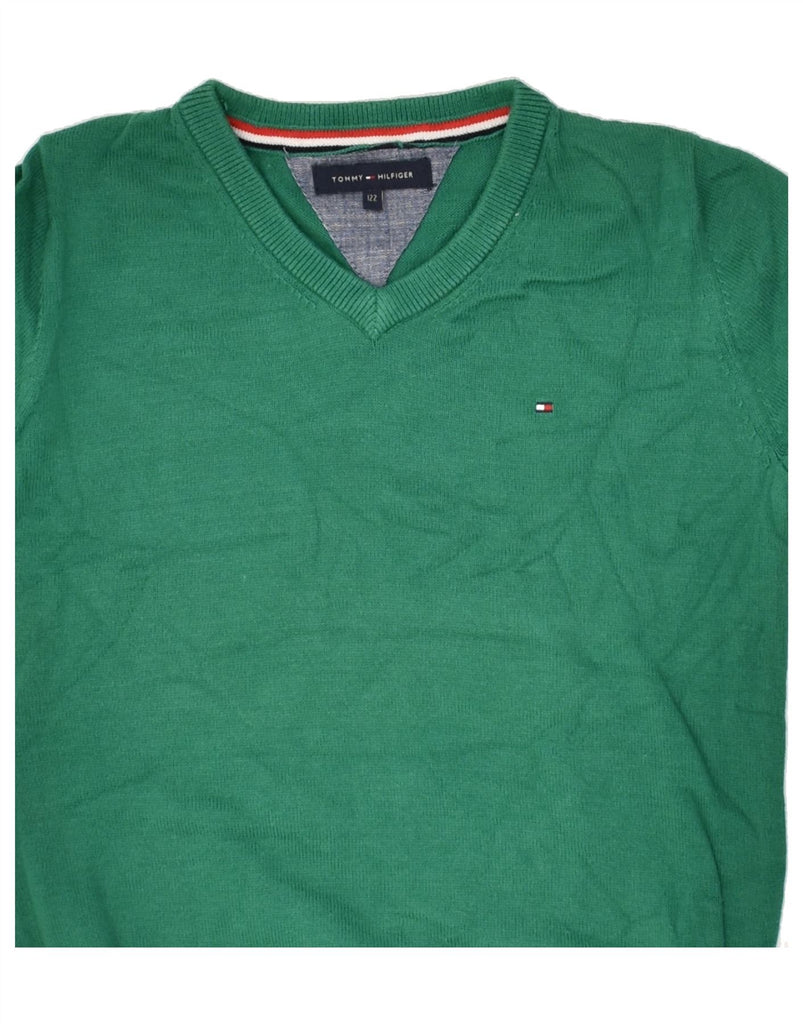 TOMMY HILFIGER Boys V-Neck Jumper Sweater 6-7 Years Green Cotton | Vintage Tommy Hilfiger | Thrift | Second-Hand Tommy Hilfiger | Used Clothing | Messina Hembry 