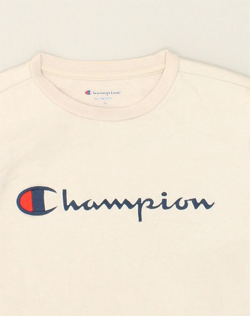 CHAMPION Womens Graphic Sweatshirt Jumper UK 12 Medium Off White Cotton | Vintage Champion | Thrift | Second-Hand Champion | Used Clothing | Messina Hembry 