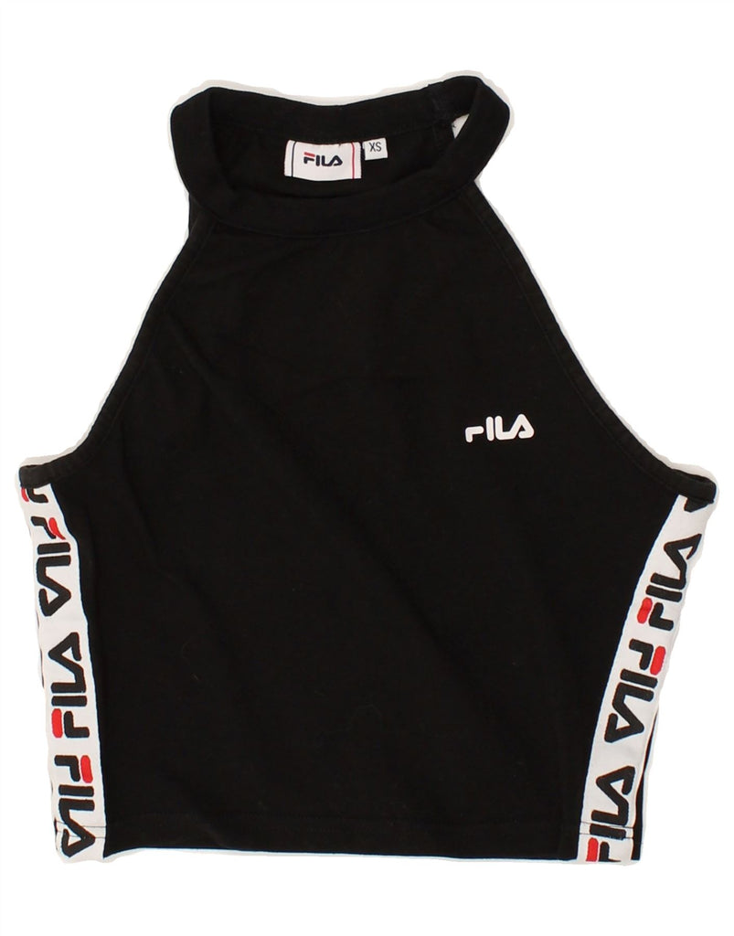 FILA Womens Graphic Crop Top UK 4 XS Black Colourblock Cotton | Vintage Fila | Thrift | Second-Hand Fila | Used Clothing | Messina Hembry 