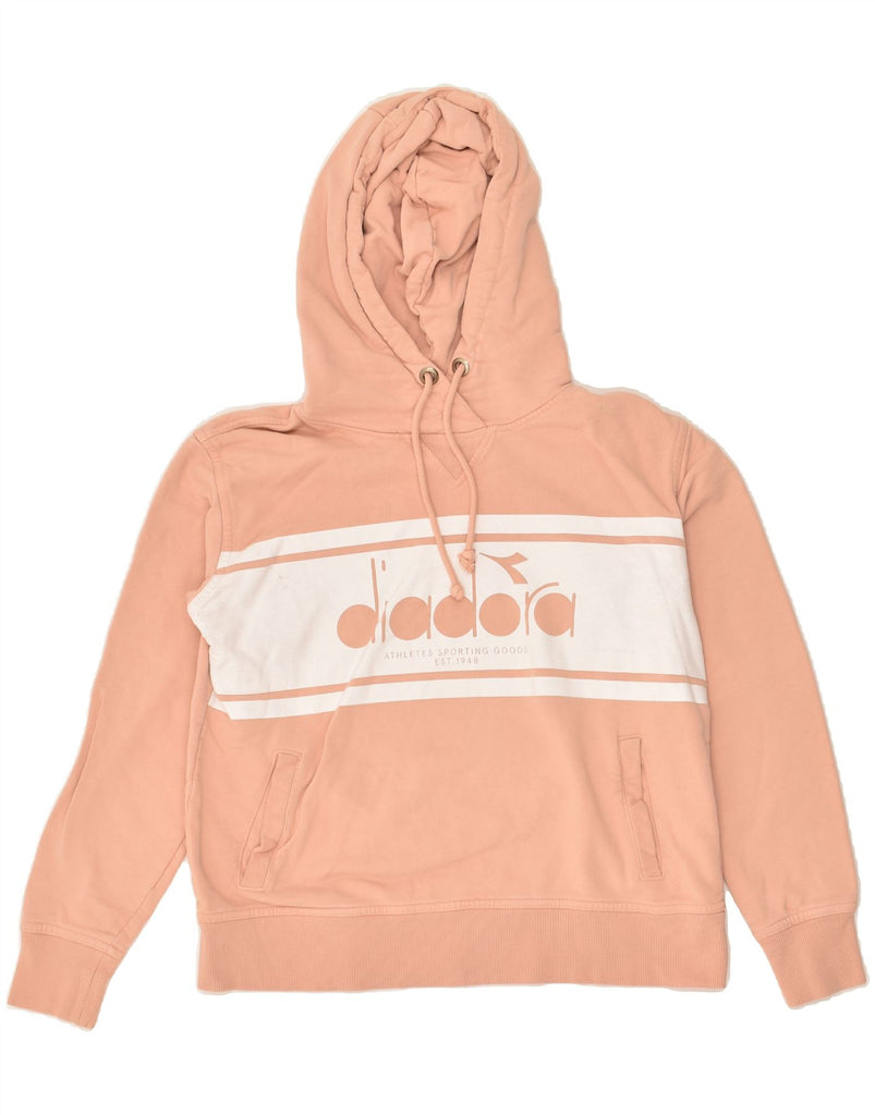 DIADORA Womens Graphic Hoodie Jumper UK 14 Medium Orange Cotton | Vintage Diadora | Thrift | Second-Hand Diadora | Used Clothing | Messina Hembry 