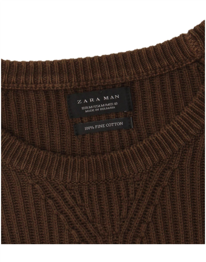 ZARA Mens Boat Neck Jumper Sweater Medium Brown Cotton