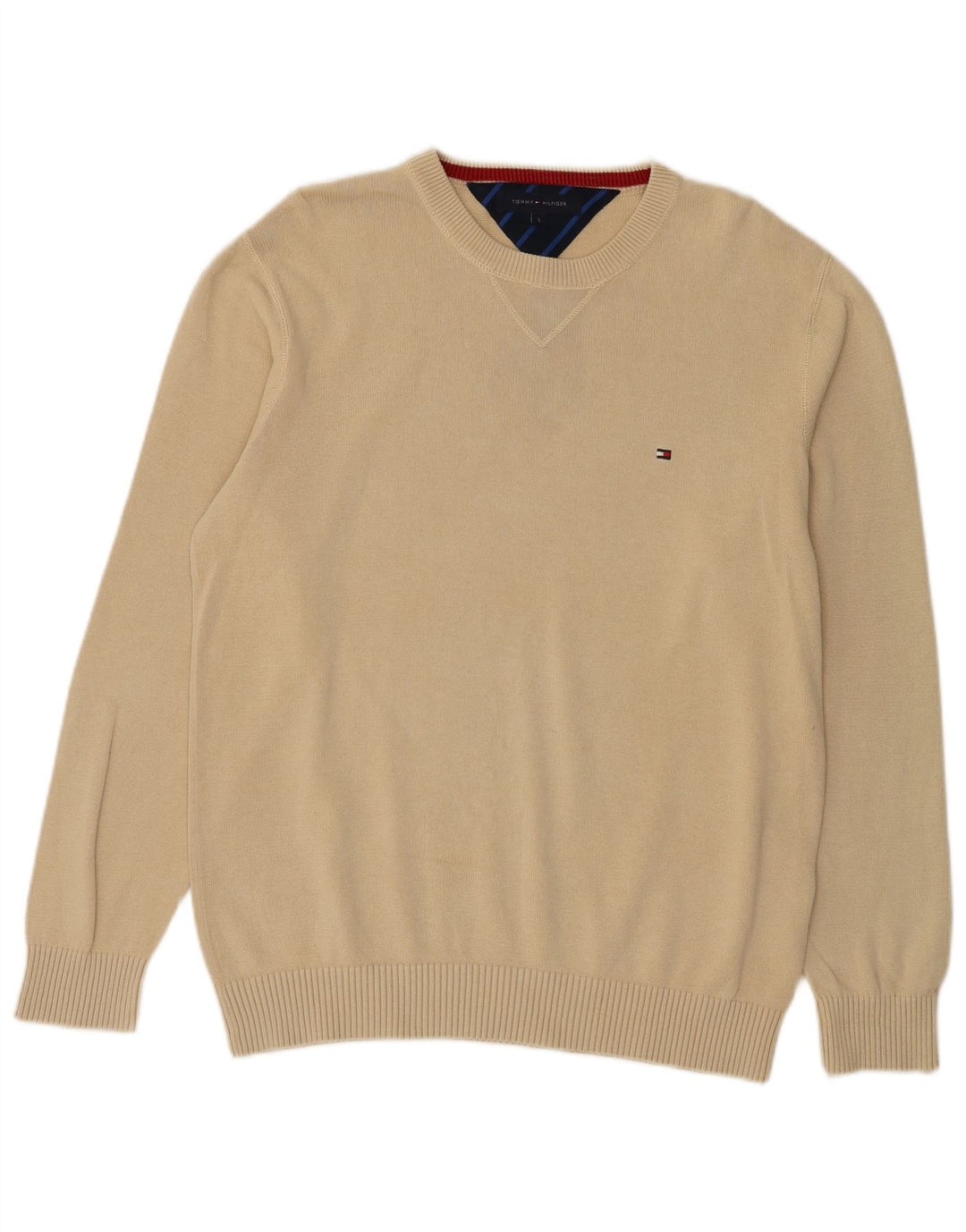 Tommy Hilfiger Mens Crew Neck Jumper Sweater Large Beige Cotton