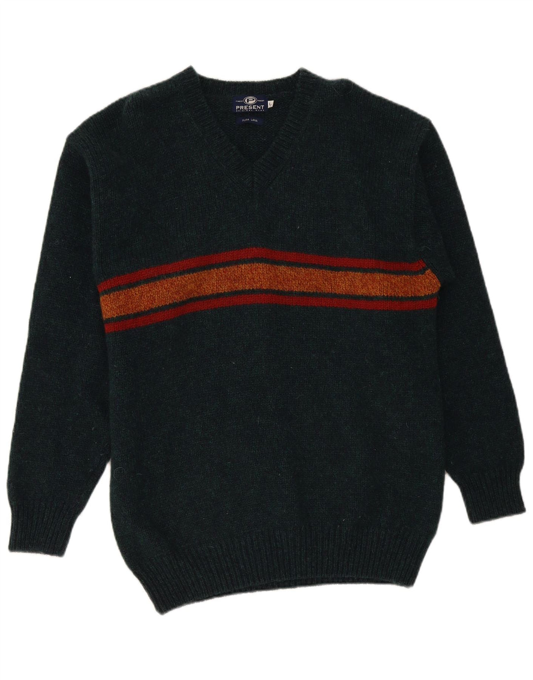 Vintage Mens V-Neck Jumper Sweater Large Green Striped Wool