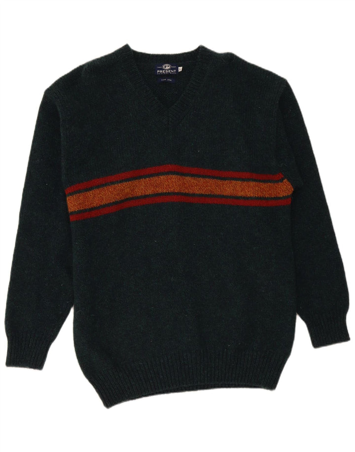Vintage Mens V-Neck Jumper Sweater Large Green Striped Wool