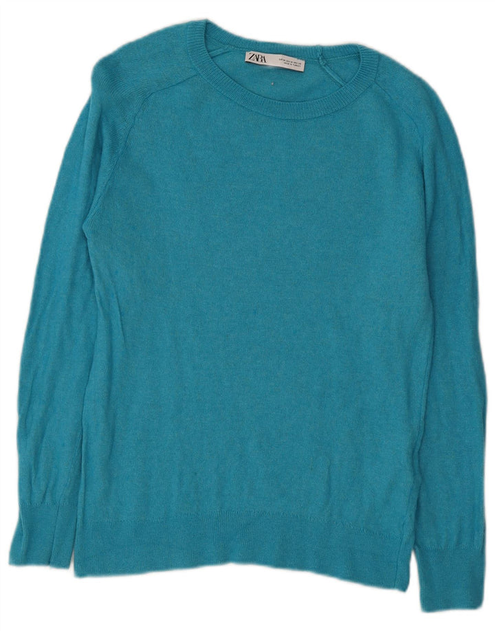 Zara Womens Crew Neck Jumper Sweater UK 12 Medium Turquoise Polyamide
