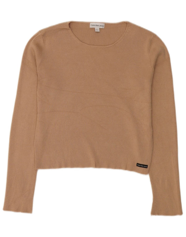Calvin Klein Jeans Womens Crop Top Long Sleeve UK 14 Large Brown Rayon