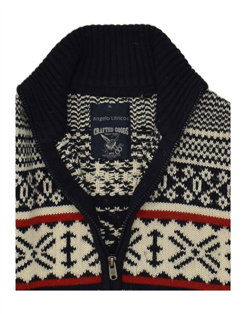 ANGELO LITRICO Mens Cardigan Sweater XL Navy Blue Fair Isle Acrylic Vintage Angelo Litrico and Second-Hand Angelo Litrico from Messina Hembry 