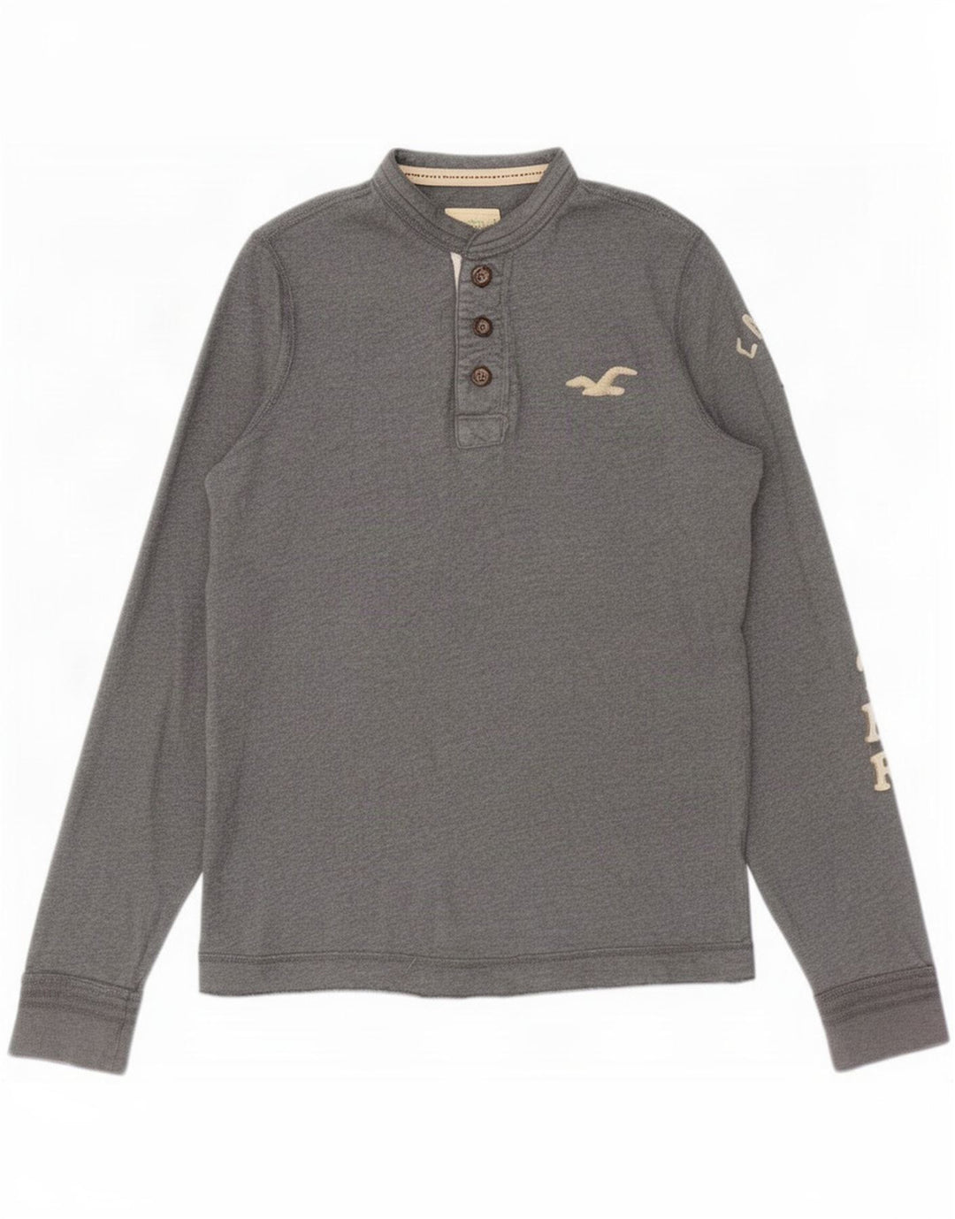 Hollister Mens Graphic Long Sleeve Polo Shirt Medium Grey Cotton