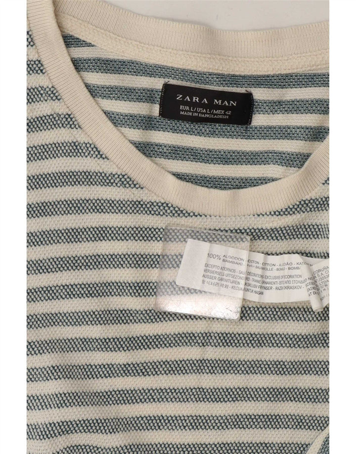 Zara Mens T-Shirt Top Large Grey Striped Cotton