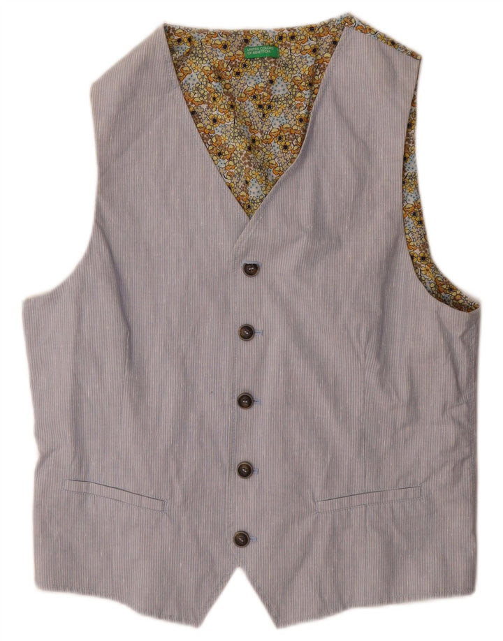 Benetton Mens Waistcoat Size 50 Large Blue Striped Cotton