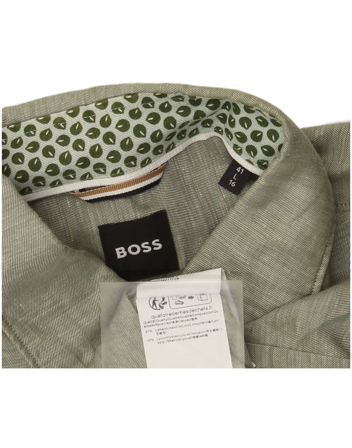 Hugo Boss Mens Shirt Size 41 Large Green Linen