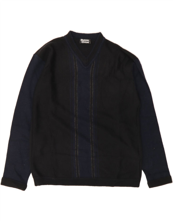 VINTAGE Mens V-Neck Jumper Sweater Medium Black Colourblock Wool Vintage Vintage and Second-Hand Vintage from Messina Hembry 
