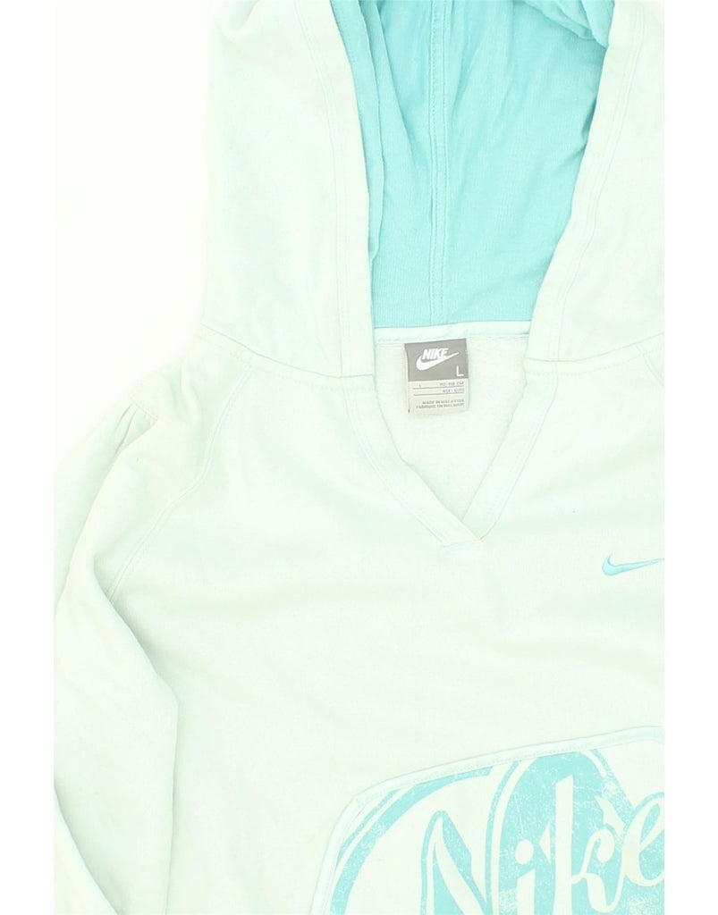 NIKE Girls Graphic Hoodie Jumper 12-13 Years Large Turquoise Cotton Vintage Nike and Second-Hand Nike from Messina Hembry 