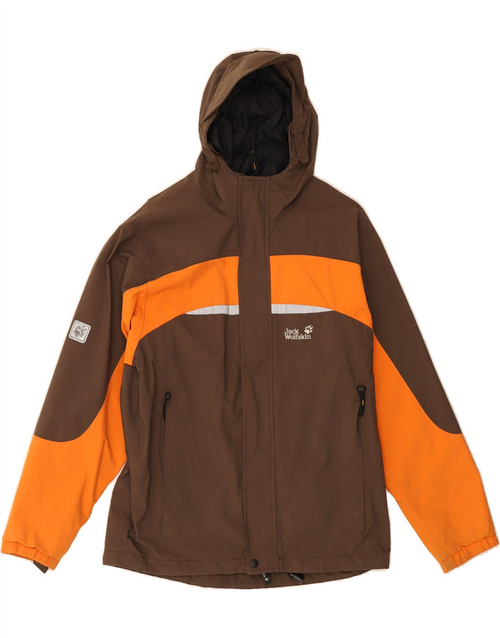 JACK WOLFSKIN Boys Graphic Rain Jacket 15-16 Years Brown Colourblock Vintage Jack Wolfskin and Second-Hand Jack Wolfskin from Messina Hembry 