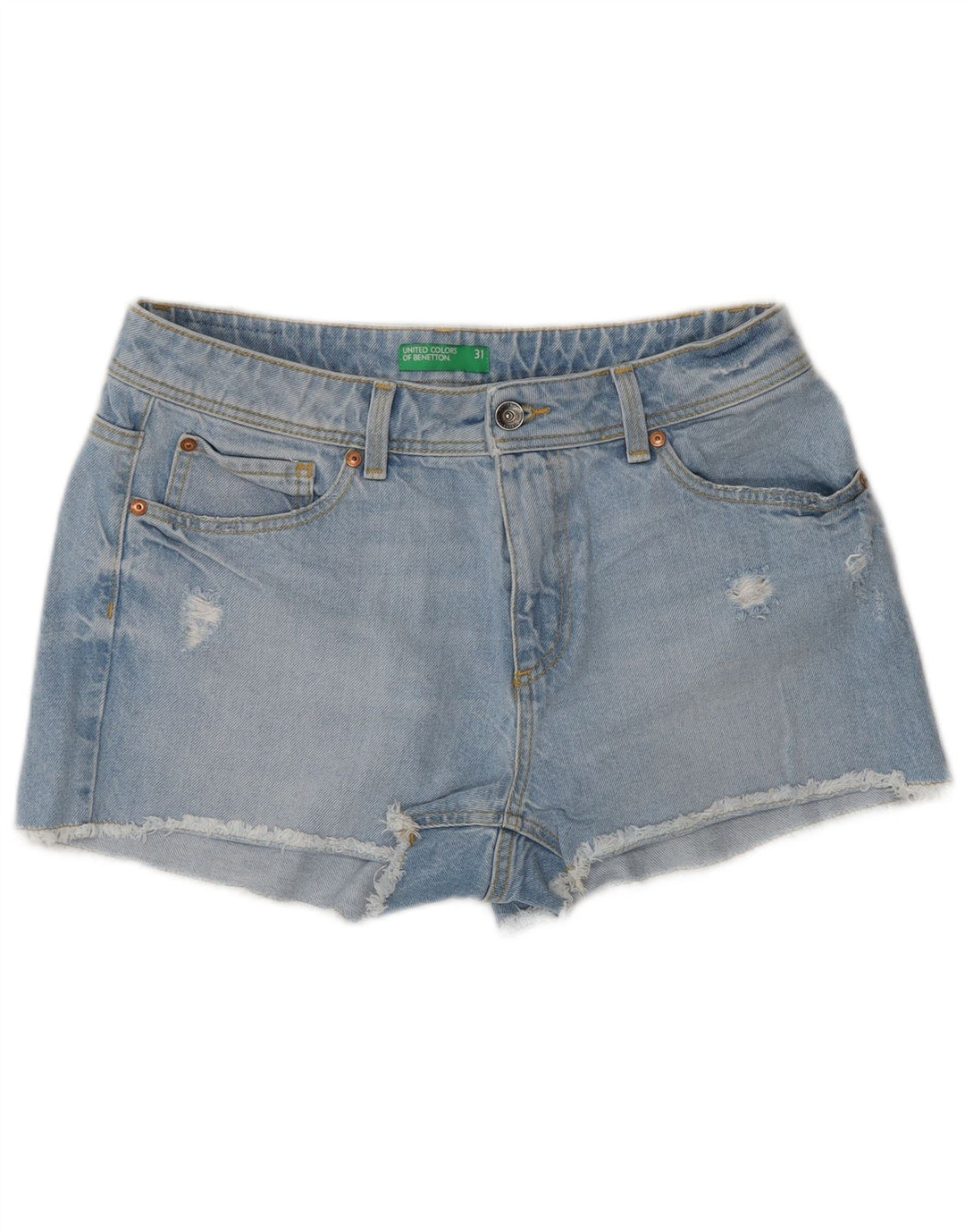 Benetton Womens Distressed Denim Shorts W31 Medium Blue Cotton
