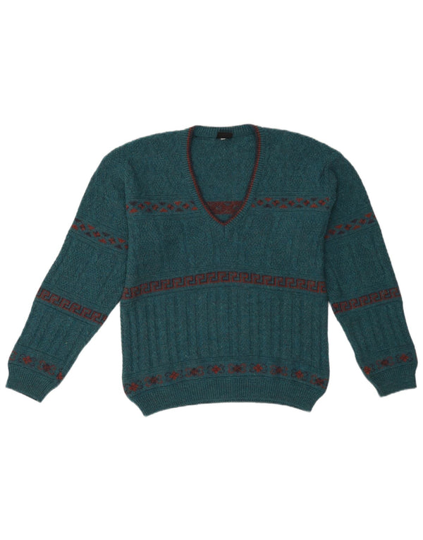 Vintage Mens V-Neck Jumper Sweater IT 46 Small Green Geometric Acrylic