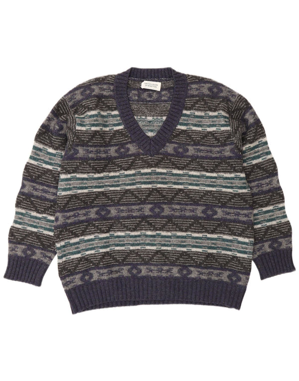Benetton Mens V-Neck Jumper Sweater XL Purple Geometric Wool
