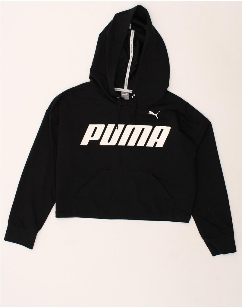 PUMA Womens Graphic Crop Hoodie Jumper UK 14 Medium Black Cotton | Vintage Puma | Thrift | Second-Hand Puma | Used Clothing | Messina Hembry 