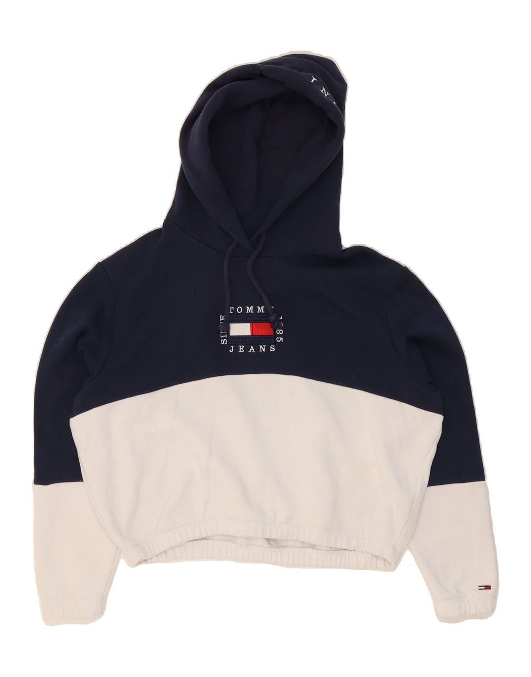 TOMMY HILFIGER Womens Oversized Crop Hoodie Jumper UK 16 Large Navy Blue Vintage Tommy Hilfiger and Second-Hand Tommy Hilfiger from Messina Hembry 