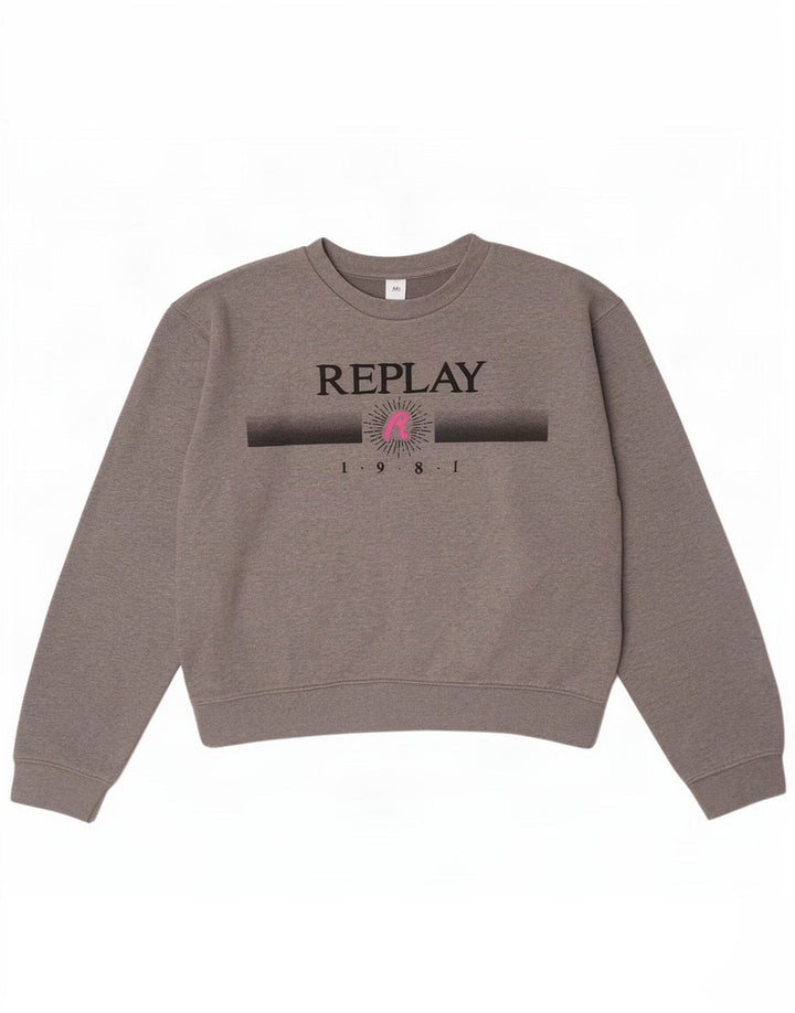 Replay Womens Crop Graphic Sweatshirt Jumper UK 14 Medium Grey Flecked