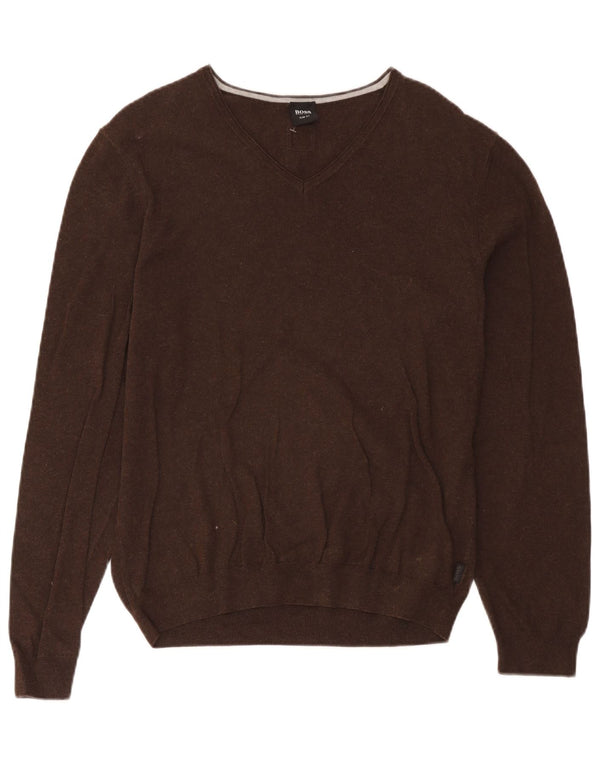 Hugo Boss Mens Slim Fit V-Neck Jumper Sweater Large Brown Cotton