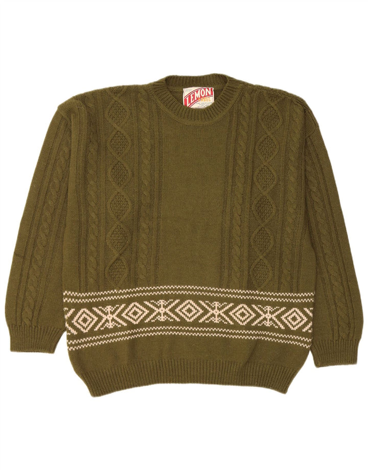 Lemon Mens Crew Neck Jumper Sweater XL Khaki Fair Isle Wool