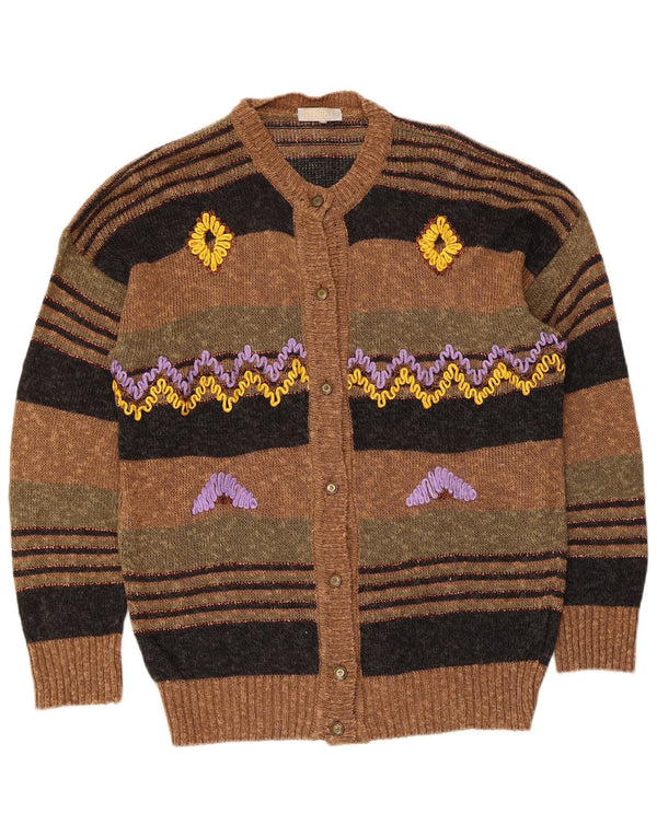 Vintage Womens Cardigan Sweater Large Brown Striped Linen