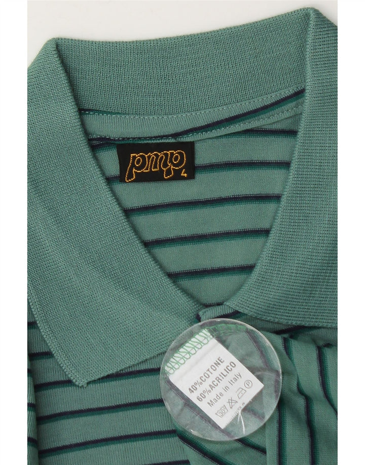 Vintage Mens Polo Shirt Medium Green Striped Cotton