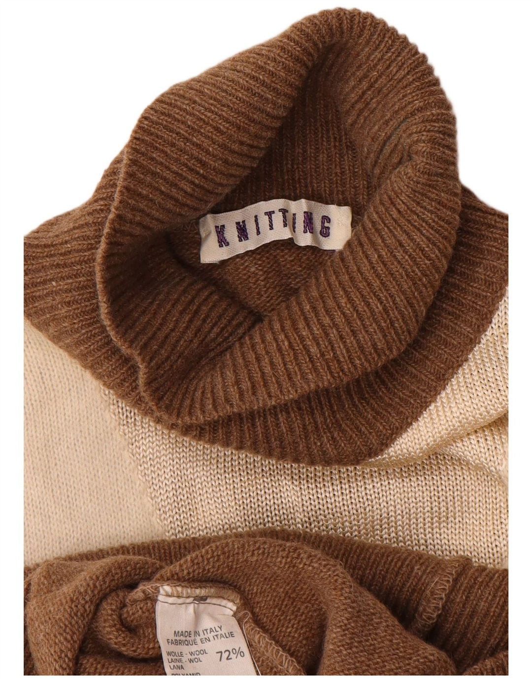 Vintage Womens Roll Neck Jumper Sweater UK 14 Medium Brown Colourblock Wool