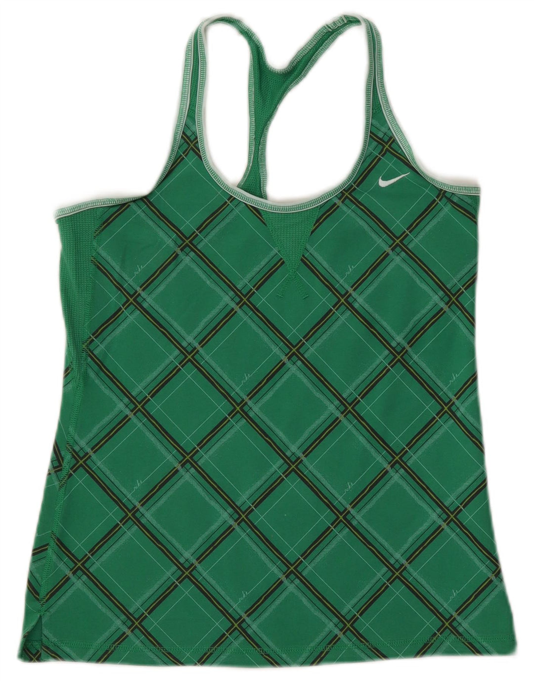 NIKE Womens Vest Top UK 12/14 Medium Green Argyle/Diamond Cotton